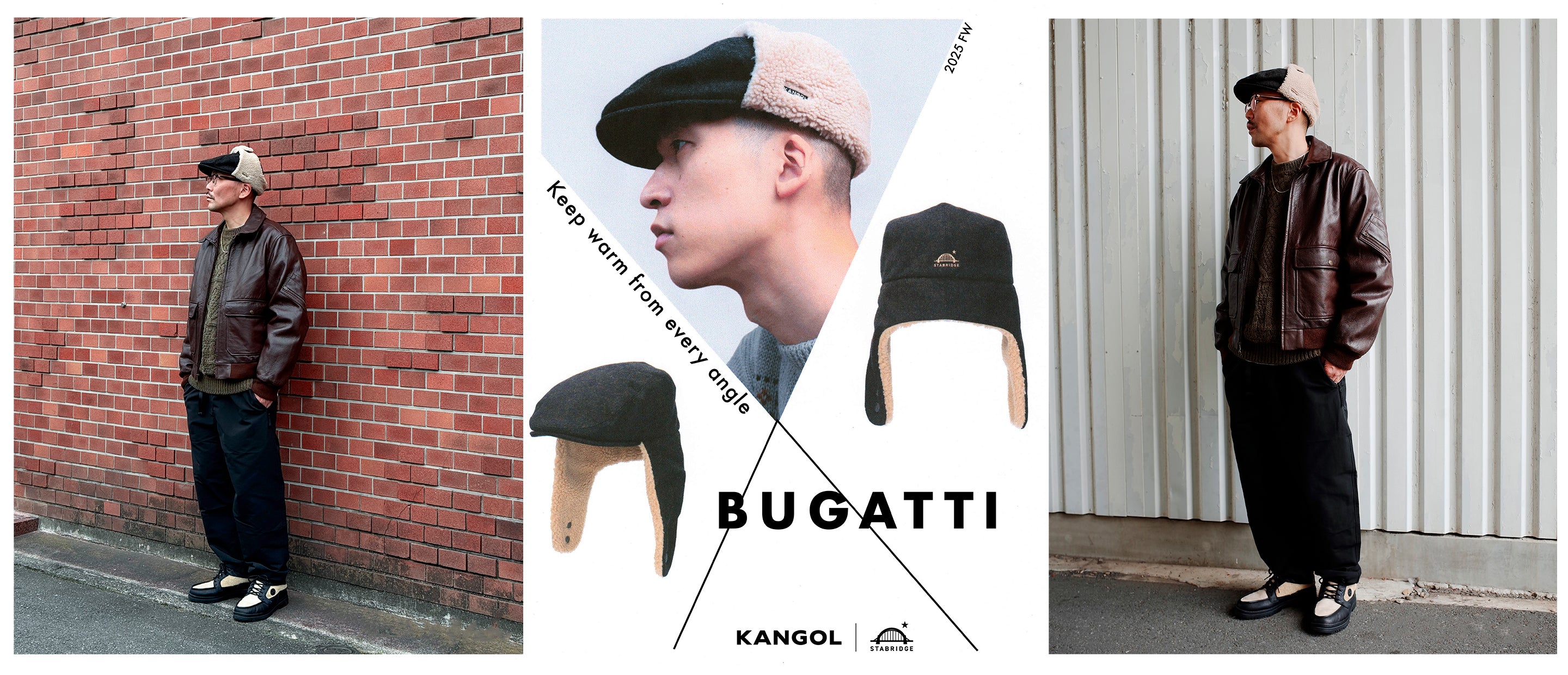 Three-panel image featuring a man wearing a shearling-trimmed Bugatti cap styled with a brown leather jacket and black pants. The center panel shows a close-up of the hat alongside product shots and the text ‘BUGATTI – KANGOL × STABRIDGE.’