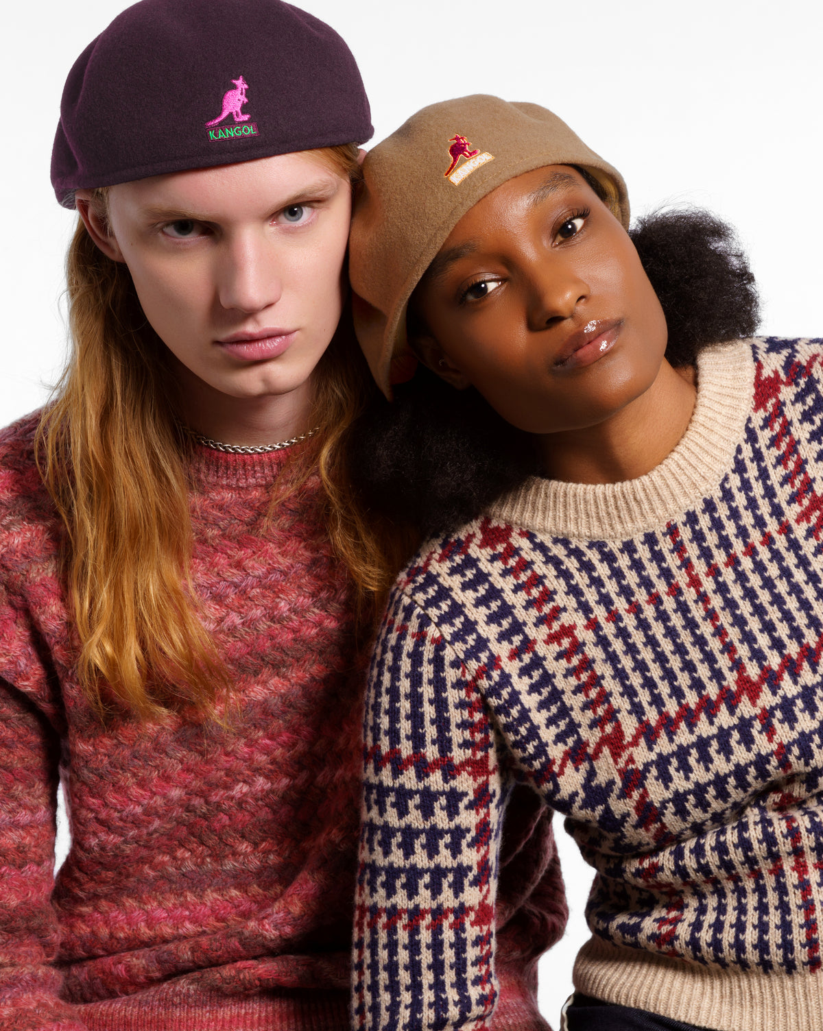 Male model wearing the Limited Edition Good Times 504 in Vino and female model wearing the Limited Edition Good Times 504 in Camel.