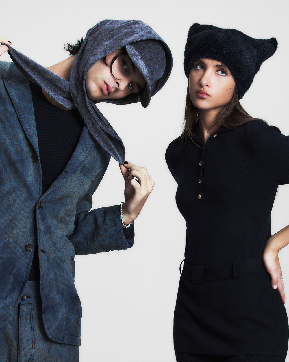 Faux Fur Pointed Beanie in Black and Velvet Drape 5-Panel in Charcoal.