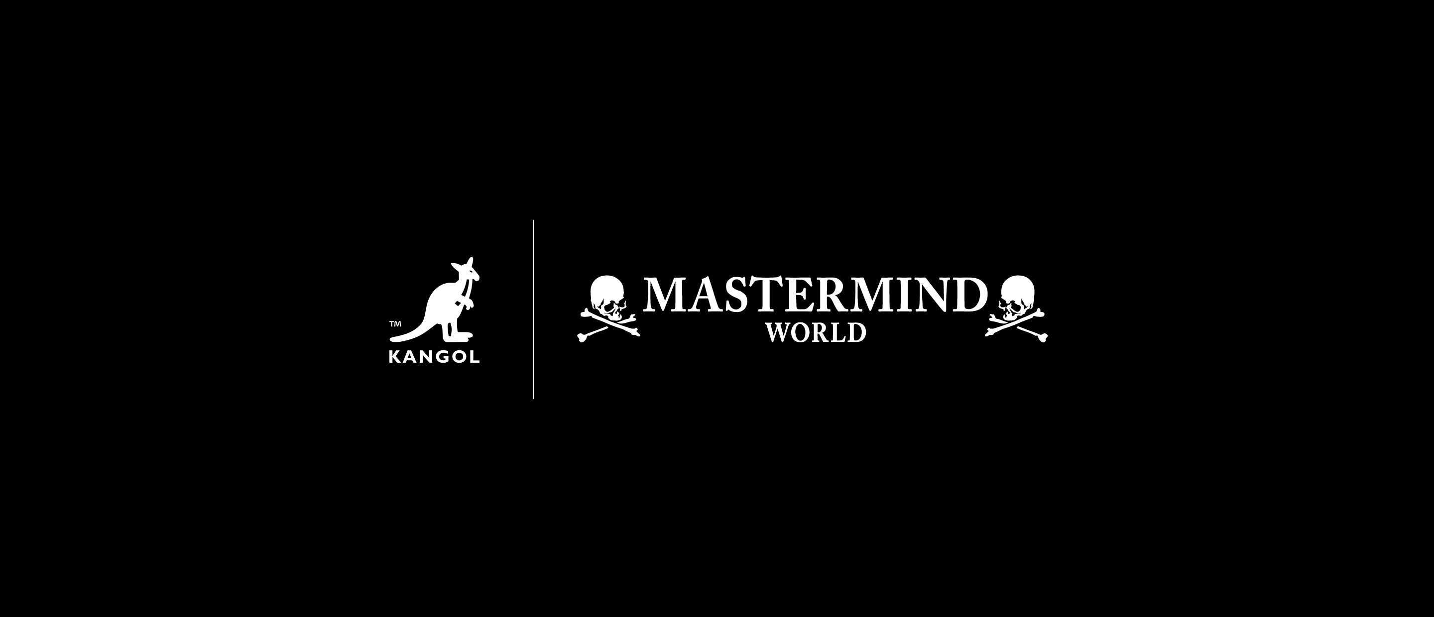 Kangol Kangaroo logo side by side with Mastermind World Logo with skulls, on a black background. 