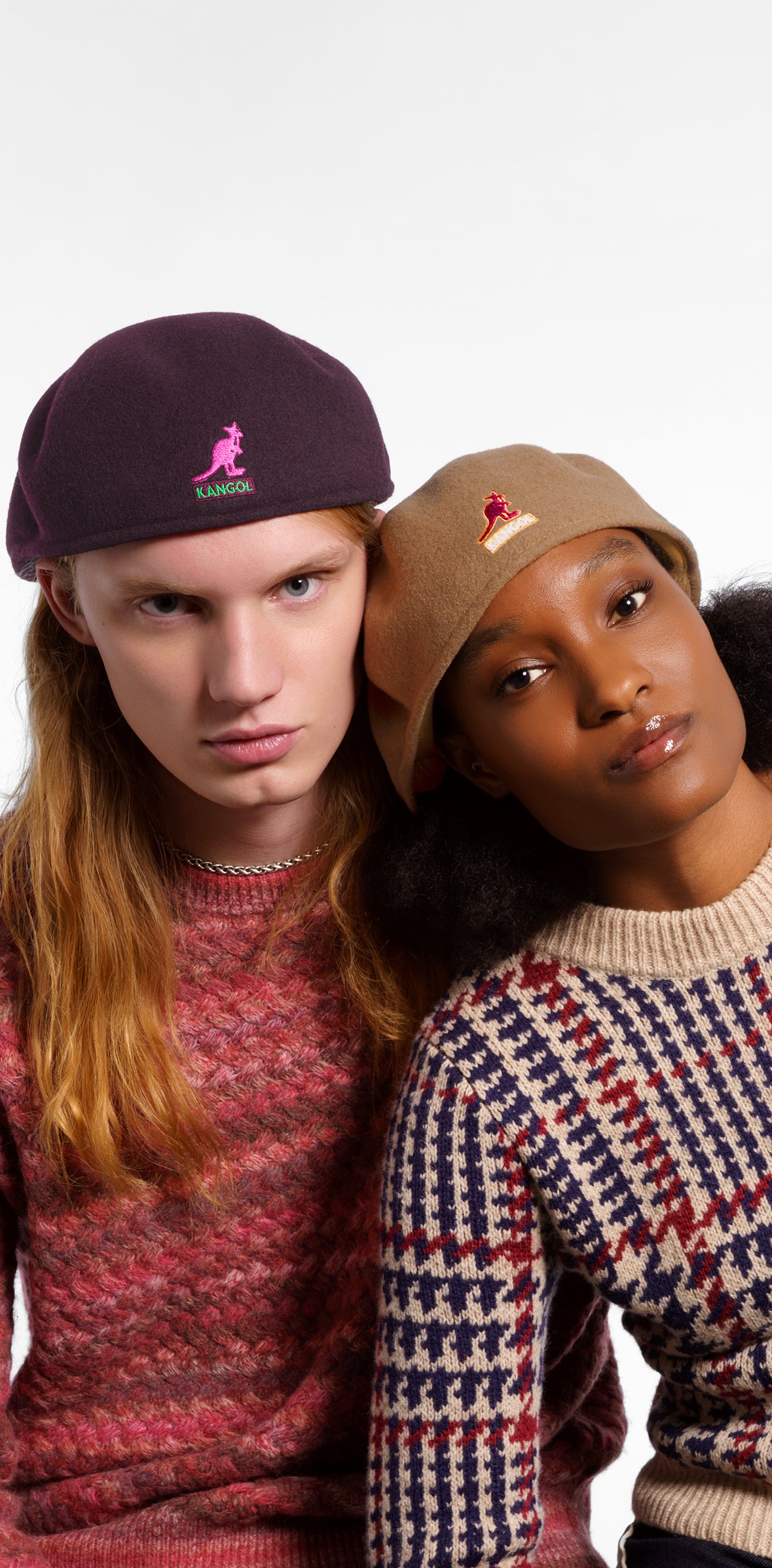 Male model wearing the Limited Edition Good Times 504 in Vino and female model wearing the Limited Edition Good Times 504 in Camel.